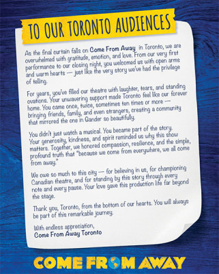 Letter - To Our Toronto Audiences